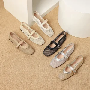 Breathable Mesh Sandals One Button Ballet Women’s Shoes with Hollowed Out Mary Jane Square Toe Flat Sole