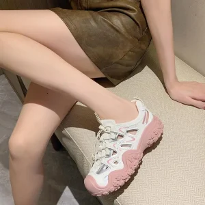 Breathable Synthetic Outdoor Hollowed Casual Walking Shoes Women Summer Sports Hiking Thick Bottom Lace up Sneakers