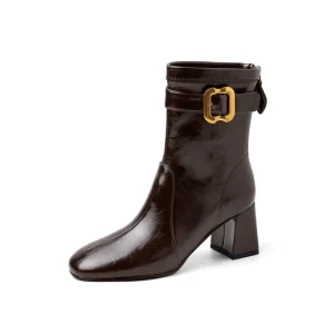 Breathable Zip Solid Steel Toe High Heel Genuine Leather Ankle Booties for Women for All Seasons