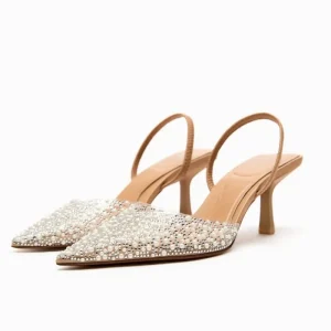 Bridal Light Gold Rhinestone Wedding Shoes Women High Pumps Thin Heel Party Slingbacks Shoes Designer