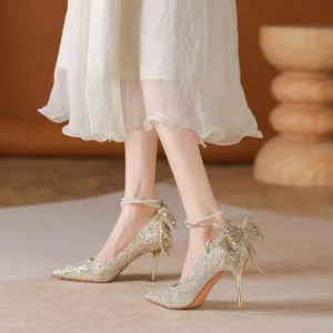 Bridal Shoes Women’s Crystal Sequins Pearl Chain Bow Floral Pattern Stiletto Heel Wedding Dress High Heels