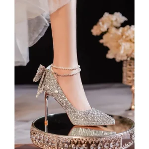 Bridal Shoes Women’s Wedding Shoes High Heels Sequin Silver Stiletto Heel Pointed Toe Slip-On Bride Wedding Shoes
