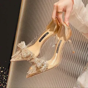 Bridal Wedding Women Stiletto Sexy Fashion Bow Knot Rhinestone Decoration High Heel Shoes Ladies