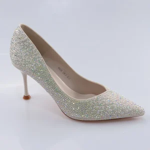 Bridal Women’s Crystal Shiny Rhinestones Pumps Slip-On Closed Toe Wedding Shoes with All Season Thin Heels