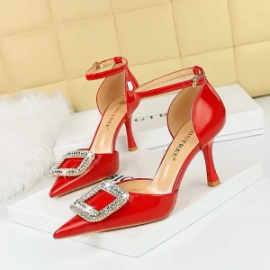 Bridal Women’s High Heels Pointed Toe Mesh Lining Breathable Design Flat Metal Rhinestone Buckle 5 8cm Thin Heels