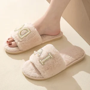 Bride Patch Pearl Rhinestone Size 9 10 Women’s I Do Plush Slide Slippers Bride Wedding Slippers