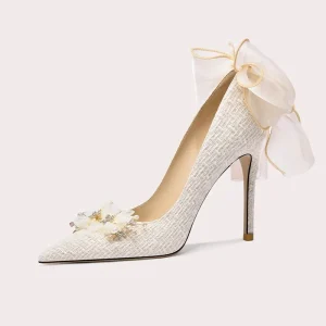 Bride Wedding Shoes Satin Bow Crystal Decoration Large Size Stiletto Heels Wedding Shoes