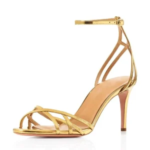 Bridesmaid 3 Inch Golden High Heels Gold Buckle Strap Sandals Wedding Shoes for Women Gold Stiletto Heels