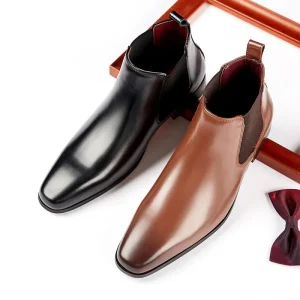 British Genuine Leather Boots For Men Business Dress Shoes Point Toe Double Elastic Formal Leather
