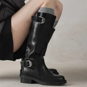 British Style Autumn Winter Black Canvas Slip On Tall Boots with Metal Buckles Vintage Knight Boots Women’s