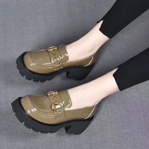British Style Height Increasing Women’s PU Shoes Thick Rubber Outsole Slip on Loafers