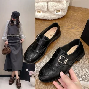 British Style Platform Loafers Women’s Toe One Pedal Spring Retro Carved Elegant Small Leather Shoes PU Midsole PVC