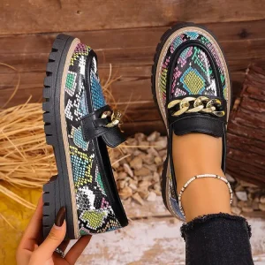 British style Women’s Snake patterned Thick soled Loafers with Chain Accessories
