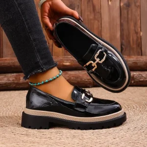 British style Women’s Thick soled Large sized Loafers Chain Accessories Shiny Single Shoes