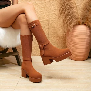 Brown Elegant Versatile Women’s Mid Top Boots Fashionable and Popular Ladies’ Thick Soled High Top Boots