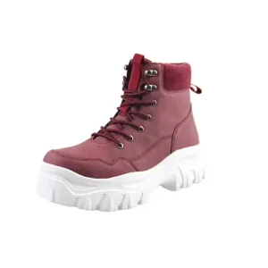 Brownish Red PU Leather Ankle Lace-Up Work Safety Outdoor Hiking Shoes Boots for Women