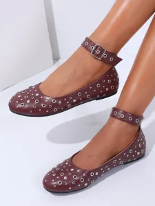 Burgundy PU Flat Shoes for Women Punk Style Eyelet & Rivet Ankle Strap Ballet Flats