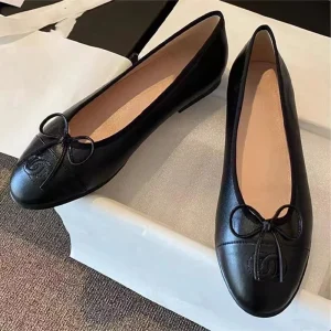 C Family French Style Small Fragrant Slip-On Bow Shallow Flat Heel Ballet Flats Women’s Shoes New Genuine Leather