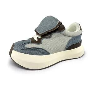 Canvas Lace up Walking Shoes Denim Blue Cloud Korean Casual Retro Women’s Thick Sole Cushioning Height Increase