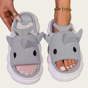 Cartoon Open Toe Cotton and Linen Sweat Fashion Shoes Ladies Women’s Cute Little Shark Summer Slippers
