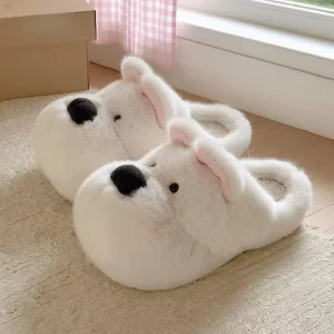 Cartoon West Highland White Terrier Cotton Women’s Men’s Fleece Lined Warm Closed Toe PVC Outsole Home Slippers