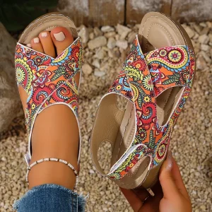 Casual Comfortable Women’s Vintage Style High Heeled Sandals Peep Toe Cloth Upper PU Midsole Buckle Strap Wedge Fashion Trend