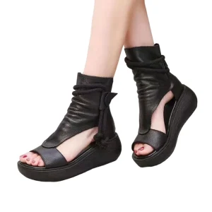 Casual Fashion Beach Wedge Sandals Soft Leather Slippers Thick-sole Peep-toe Pump Sandals Women’s Summer Shoes