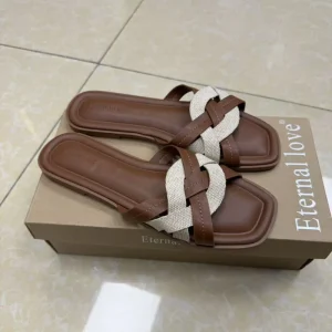 Casual Multi color Cross strip Woven Straw Flat Sandals for Women