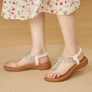 Casual Summer Flats Sandals for Women Dressy Comfort Ladies Outdoor Shoes with Beaded Elastic Ankle Strap