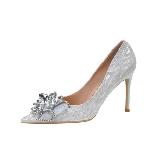 Champagne Color Bride Shoes Women’s Wedding Shoes Thin Heels Pointed French Cinderella Crystal Bridesmaid High Heel