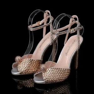 Chaussure Mariage Femme Women’s Crystal Rhinestone Pearl Bridal Wedding Ankle Strap Dress Shoes Open Toe Stiletto High Heel