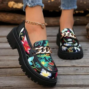 Chunky Heel Embroidered Slip on Shoes Preppy Style Oxfords for Office Daily Wear Gothic Chain Decor Platform Loafers