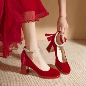 Chunky Round Toe Women’s High Heels Wedding Shoes Summer New Mary Jane Bowknot Bride High Top Height Increasing Rubber Outsole