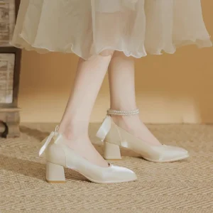 Chunky Square Toe Women’s High Heels Wedding Shoes Spring Mary Jane Bowknot Bride Single Shoes for Summer