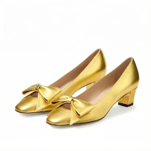 Classic Gold Silver Bow Women’s Round Toe Mules With Thick Heels 5 6 cm Large Size Women’s Shoes Business Banquet Shoes