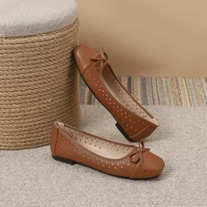Classic Ladies Summer Ballet Flats Square Toe Slip-On Women’s Ballerina Pumps with Hollow Carving Dance Shoes