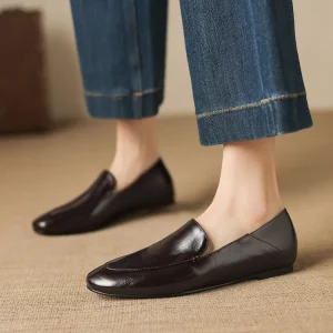 Classic Leather Slip on Flats Shoes Ladies Loafer Shoes Rubber Sole Women’s Flat Shoes Casual Loafers Footwear