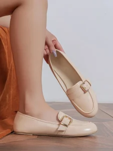 Classic PU Leather Loafers for Women Soft Flat Sole with Gold Buckle Versatile Casual Office Shoes
