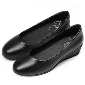 Classic Soft Comfort Daily Round Toe Wedge Leather Black Women’s Student Flat Office Work Shoes