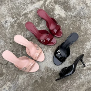 Classic Women’s Patent PU Stiletto Mules Open Toe Rhinestone Buckle Slide Sandals for Formal Occasion