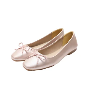 Classic Women’s Waterproof Light PU Flat Shoes Bow Square Toe Super Soft Slip-On for Spring Summer Solid Pattern
