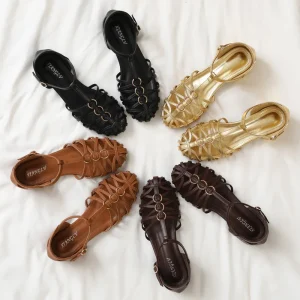 Classic Woven Closed Toe Gladiator Sandals Ankle Strap Flat Caged Shoes Versatile Commuter Plus Size Women’s Sandals