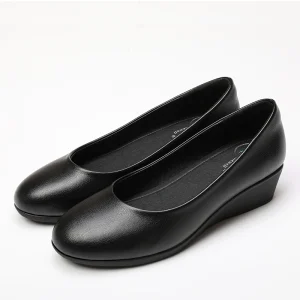 Classical Soft Comfortable Light Daily Walking Leather Black Ladies All Season Flat Women Office Shoes Work Shoes