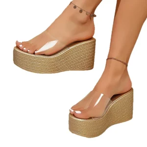 Clear Summer Women’s Fashion Open PU Insole Wedge Sandals Jute Espadrille Sole Lightweight Cushioning Anti Slippery Breathable