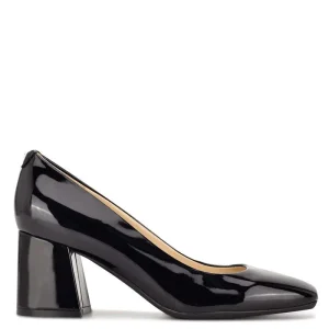 Closed Toe Chunky Block Heel Black Genuine Patent Leather Dress Shoes for Women High Heel Pumps