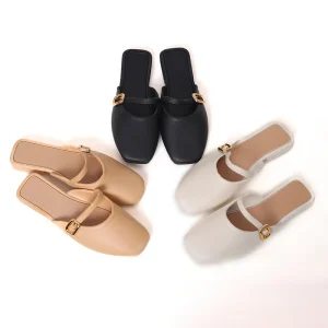 Closed Toe Flat Slipper Half toe Slip on Women’s Dress Shoes Shallow Toe PVC Soft Leather Summer Shoes Outdoor Wear