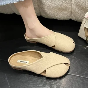 Closed Toe Half Slippers Women Summer New Style PU Outsole Leather Lining Soft Sole Woven Flat Fish Mouth Mules French