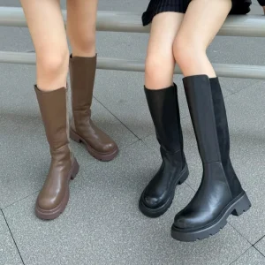 College Style Knee High Leather Patchwork Anti Slip Ladies Fashion Boots and Comfortable Women’s Shoes with Increased Height