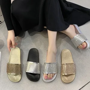 Colored diamond women’s slippers in Europe and America Comfortable and versatile beach style women’s sandals