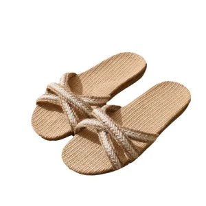 Comfortable All Season Open Toe Flax Linen Slippers for Women Trendy Anti Slip EVA Outsole Soft Thermal Bottoms for Home Use